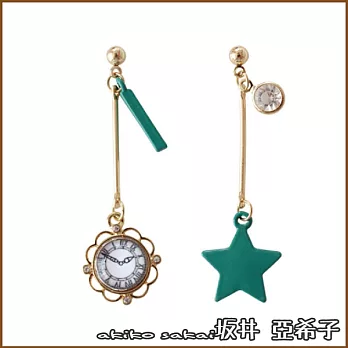『坂井.亞希子』日系星星鐘錶造型精緻長款鑲鑽耳環 -綠色