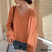【MsMore】 寬鬆學生秋季V領短款麻花針織衫長袖毛衣上衣 # 114141 FREE 橘色