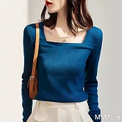 【MsMore】 輕奢知性浪漫長袖針織坑條法式方領短版修身顯瘦針織衫短版上衣 # 114281 FREE 藍色