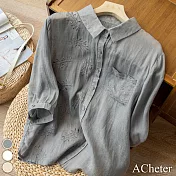 【ACheter】 文藝復古寬鬆休閒刺繡七分袖棉麻襯衫短版百搭上衣 # 114321 XL 灰色
