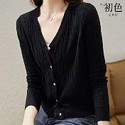 【初色】V領休閒線條設計針織開衫上衣-共3色-63850(F可選) F 黑色