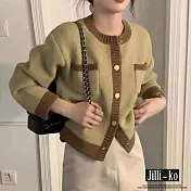 【Jilli~ko】韓版時尚配色針織圓領金釦短款毛衣外套 J9574  FREE 綠色