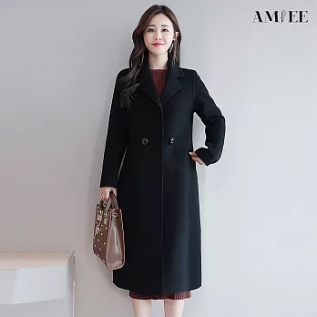 【AMIEE】高貴氣質西裝領毛呢大衣外套(KDCQ-999) 3XL 黑色