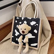 【素包包】外掛小熊偶包上班小物收納麻布手提袋 _奶牛黑