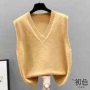 【初色】V領寬鬆甜美針織背心上衣-共4色-63896(F可選) F 黃色