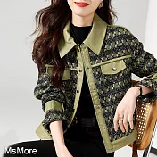 【MsMore】 韓版拼接領和口袋時尚休閒寬鬆長袖俐落短版外套# 114439 L 綠色