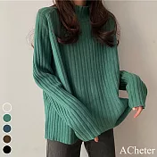 【ACheter】 大碼暖色素面毛衣寬鬆慵懶風半高領針織內搭顯瘦長袖上衣# 114445 FREE 綠色