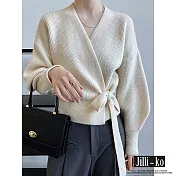 【Jilli~ko】法式V領圍裹式繫帶短款針織衫 J9661 FREE 杏色