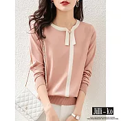 【Jilli~ko】撞色珠釦飄帶通勤氣質設計感針織衫 J9683  FREE 粉紅色