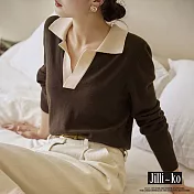 【Jilli~ko】法式優雅復古翻領撞色寬鬆針織衫 J9729 FREE 咖啡色