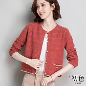 【初色】方格壓紋短款針織開衫外套-共4色-64344(F可選) F 紅色