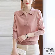 【初色】針織小鈕扣襯衫領造型長袖T恤上衣-共4色-65190(F可選) F 粉色