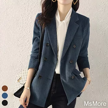 【MsMore】 韓版英倫風休閒高級感長袖百搭俐落燈芯絨西裝中長外套# 114582 M 藍色