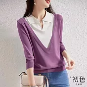 【初色】翻領拼接長袖假兩件針織上衣-共6色-64349(F可選) F 紫色
