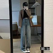 【Jilli~ko】水洗復古寬鬆高腰直筒拖地牛仔褲 M-XL J9839  L 藍色