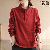 【初色】燈芯絨復古立領寬鬆長袖T恤上衣-共3色-64449(M-2XL可選) XL 紅色