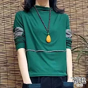 【初色】半高領圓領拼接貼布T恤上衣-共4色-65645(M-2XL可選) M 墨綠色