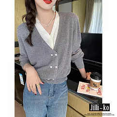 【Jilli~ko】V領時尚氣質假兩件拼接排扣針織衫 J9816 FREE 灰色