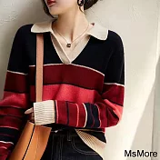 【MsMore】 條紋翻領針織衫長袖毛衣法式寬鬆女人味寬鬆短版上衣# 115273 FREE 條紋