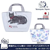 【Kusuguru Japan】日本眼鏡貓 手提包 立體貓耳大口袋雙面印花手提托特包 Cat Rose Garden黑貓君系列 -藍色