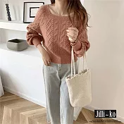 【Jilli~ko】秋冬新款溫柔風寬鬆燈籠袖方領套頭針織毛衣 J9576  FREE 粉紅色