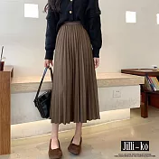 【Jilli~ko】秋冬中長款顯瘦高腰A字百褶裙 M-L J9858 M 咖啡色
