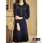 【Jilli~ko】時尚氣質復古法式小香風針織連衣裙 J9895  FREE 深藍色