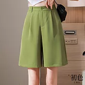 【初色】中大碼薄款冰絲涼感高腰闊腿西裝短褲-共4色-62812(M-2XL可選) M 綠色