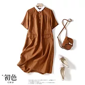 【初色】文藝素色寬鬆舒適短袖洋裝-共4色-63111(M-2XL可選) XL 橘色