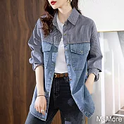 【MsMore】 時尚牛仔拼接氣質條紋百搭韓版寬鬆長袖中長版襯衫上衣# 115610 2XL 藍色