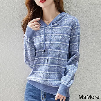 【MsMore】 藍色彩紋連帽針織長袖韓版寬鬆短版上衣# 115617 FREE 藍色