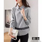 【Jilli~ko】韓版假兩件條紋蕾絲襯衫領衛衣 M-XL J9800  M 灰色