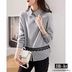 【Jilli~ko】韓版假兩件條紋蕾絲襯衫領衛衣 M─XL J9800 M 灰色