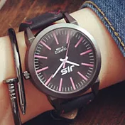 Watch-123 揮灑青春-俐落時尚現代簡約時標腕錶 _黑盤桃紅時標