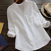 【ACheter】 棉麻襯衫長袖寬鬆大碼V領棉麻短版上衣# 115706 XL 白色