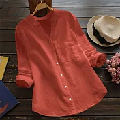 【ACheter】 棉麻襯衫長袖寬鬆大碼V領棉麻短版上衣# 115706 XL 紅色