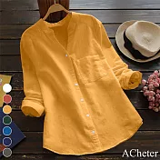 【ACheter】 棉麻襯衫長袖寬鬆大碼V領棉麻短版上衣# 115706 L 黃色