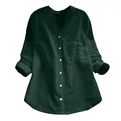 【ACheter】 棉麻襯衫長袖寬鬆大碼V領棉麻短版上衣# 115706 M 綠色