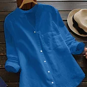【ACheter】 棉麻襯衫長袖寬鬆大碼V領棉麻短版上衣# 115706 L 藍色