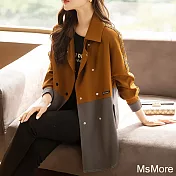 【MsMore】 新款雙排扣撞色拼接外套寬鬆顯瘦俐落長袖中長薄外套# 115741 M 棕色