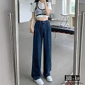 【Jilli~ko】韓版高腰顯瘦牛仔闊腿直筒拖地褲 L-XL J9917 L 深藍色