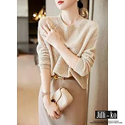 【Jilli~ko】復古時尚鏤空長袖圓領寬鬆針織衫 J9505 FREE 杏色