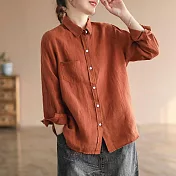 【慢。生活】文藝休閒純色百搭口袋寬鬆棉麻襯衫 6337  FREE 橘色