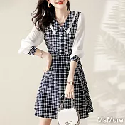 【MsMore】 韓版氣質拼接顯瘦小香風文藝風氣質七分袖中長版洋裝 # 116008 M 藏青