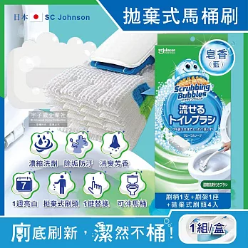 日本SC Johnson莊臣-免沾手拋棄式濃縮洗劑馬桶刷清潔組1盒(刷柄1支+刷架1座+水溶性刷頭4入) 皂香(藍)