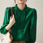 【MsMore】 甜美木耳邊宮廷七分袖純色襯衫寬鬆短版上衣 # 115772 2XL 綠色