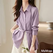 【MsMore】 薰衣紫美高級感收腰系帶長袖襯衫時尚百搭氣質精緻中長版上衣 # 116023 L 紫色