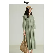 ltyp旅途原品 100%日本進口高密棉文藝八分袖褶皺收腰連衣裙 M L-XL M 青梅綠