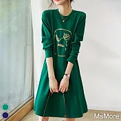【MsMore】 法式亮片繡花圓領長袖a字寬鬆長版洋裝 # 116074 XL 綠色
