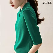 【AMIEE】摩登復古POLO衫上衣(KDTY-1387) F 綠色